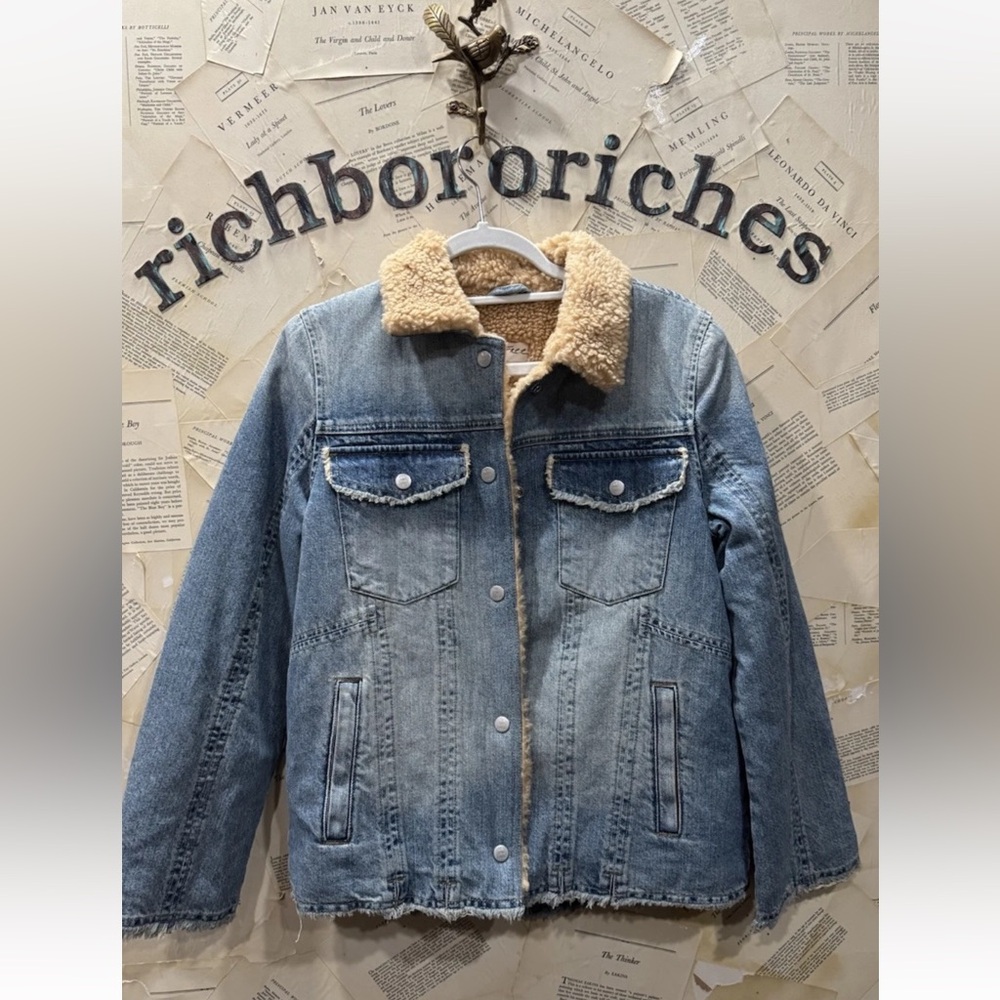 Free People Karter Denim Jacket We The Free Faux Sherpa Lined Collar Pockets - Picture 5 of 6
